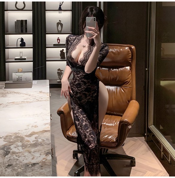 FEE ET MOI - Sheer Lace Deep V Slit Maxi Dress (Black)